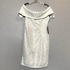 Marina Off the Shoulder Metallic Shirred Dress